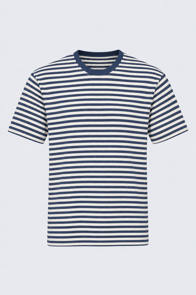 Mens Navy Striped Textured Crew Neck T-Shirt - Image 7