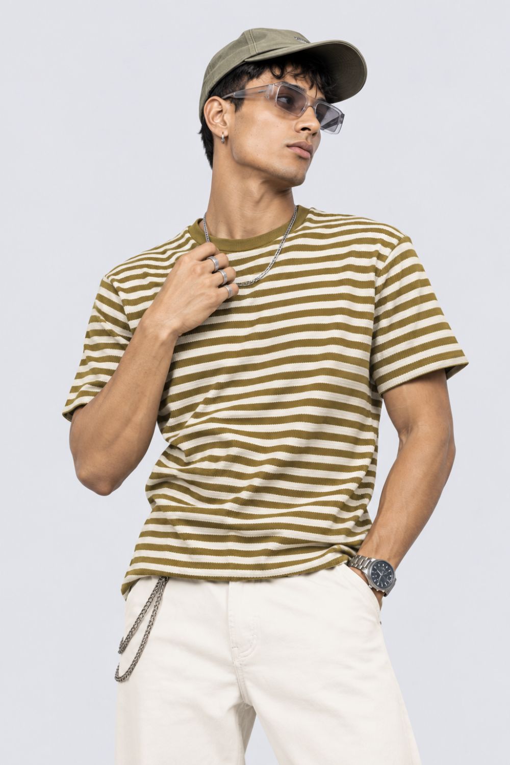 Mens Olive Striped Textured Crew Neck T-Shirt - Image 1