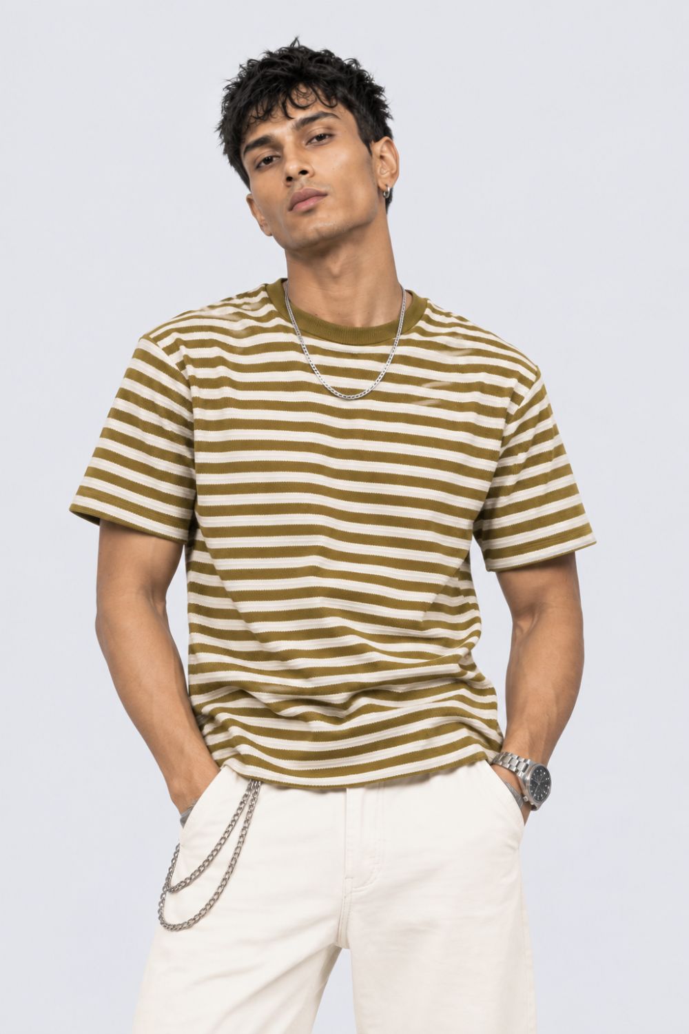 Mens Olive Striped Textured Crew Neck T-Shirt - Image 2