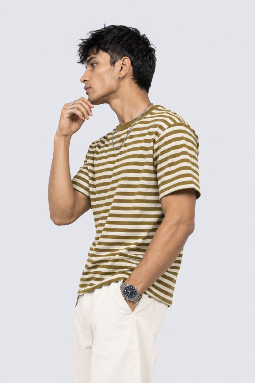 Mens Olive Striped Textured Crew Neck T-Shirt - Image 4