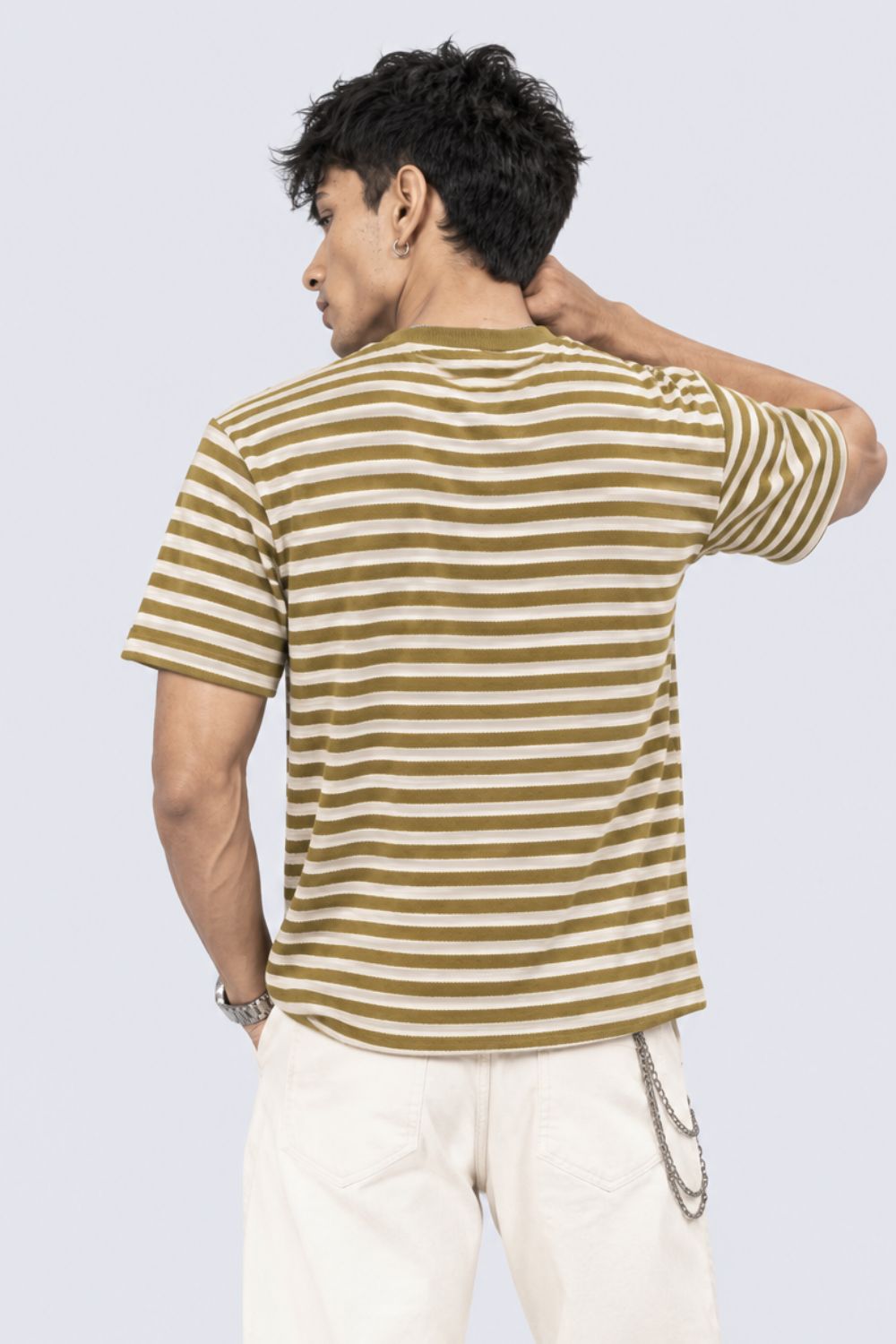 Mens Olive Striped Textured Crew Neck T-Shirt - Image 5