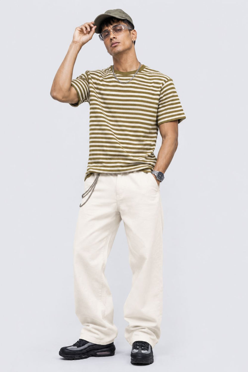 Mens Olive Striped Textured Crew Neck T-Shirt - Image 6