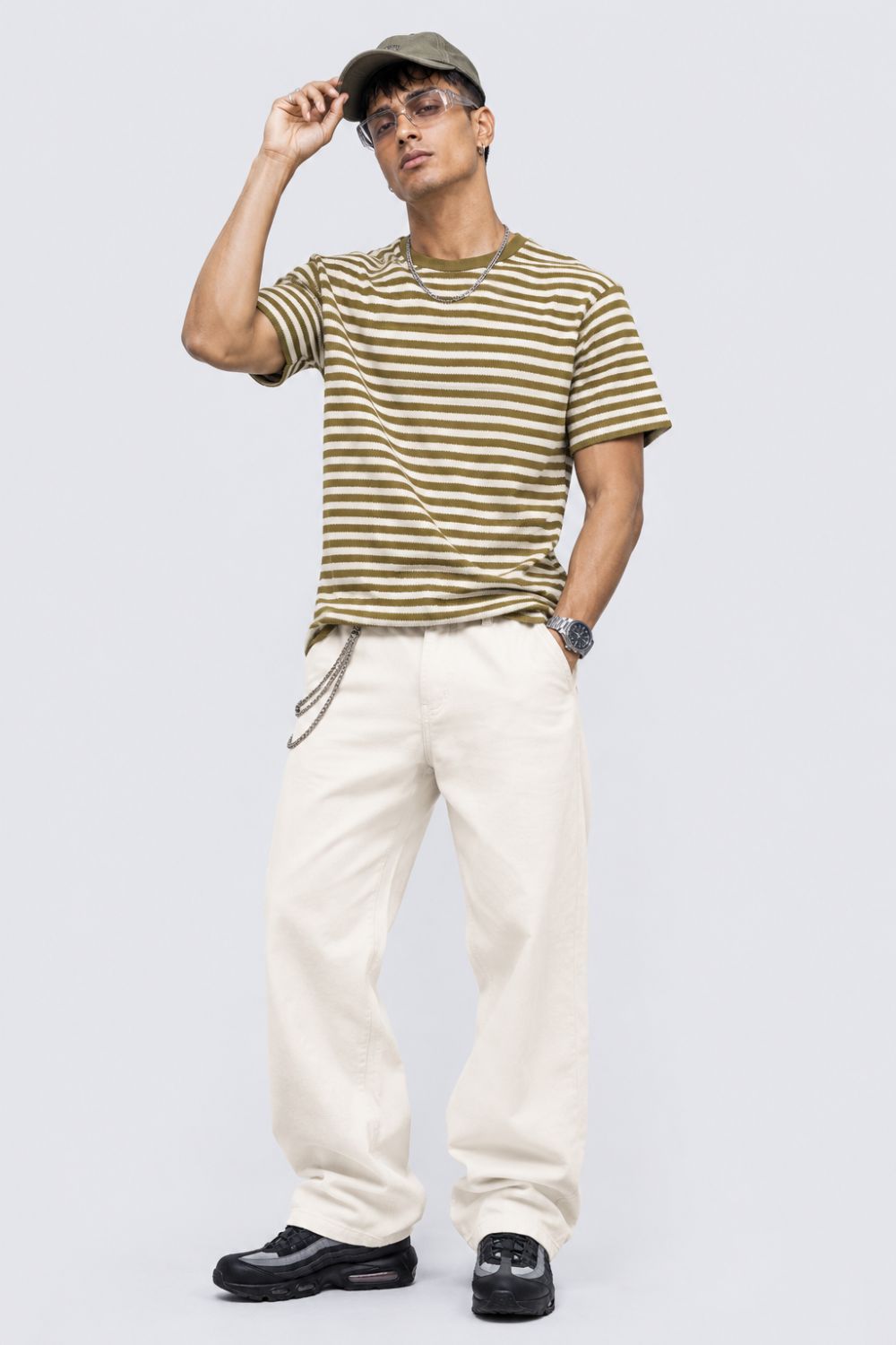 Mens Olive Striped Textured Crew Neck T-Shirt - Image 6