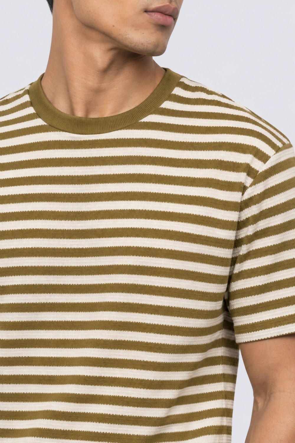 Mens Olive Striped Textured Crew Neck T-Shirt - Image 9