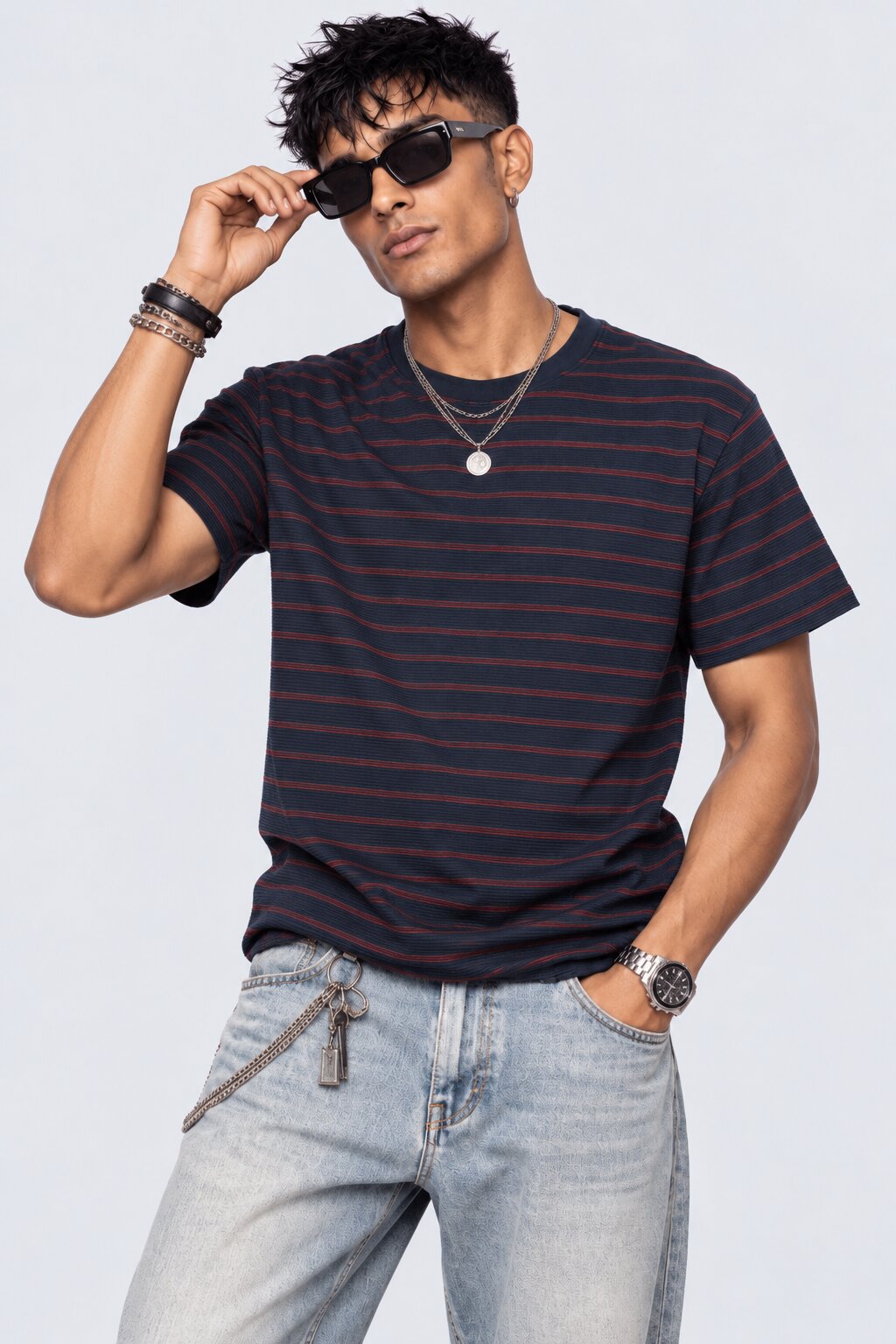 Mens Navy Micro Striped Crew Neck T-Shirt - Image 1