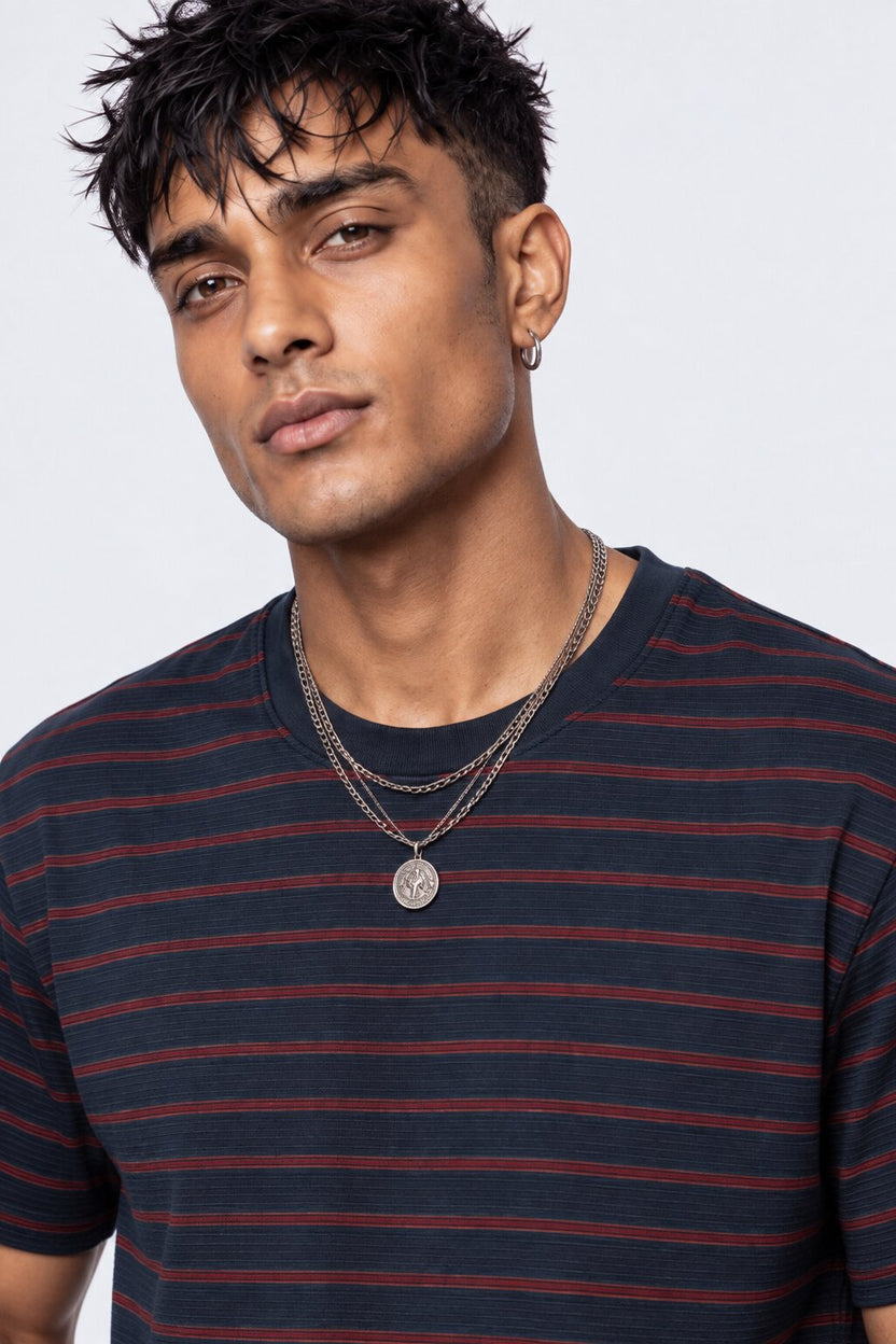 Mens Navy Micro Striped Crew Neck T-Shirt - Image 3