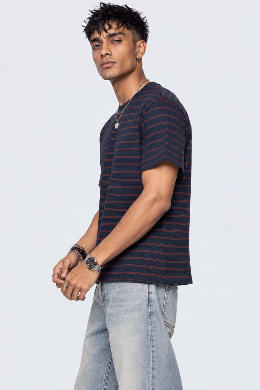 Mens Navy Micro Striped Crew Neck T-Shirt - Image 4