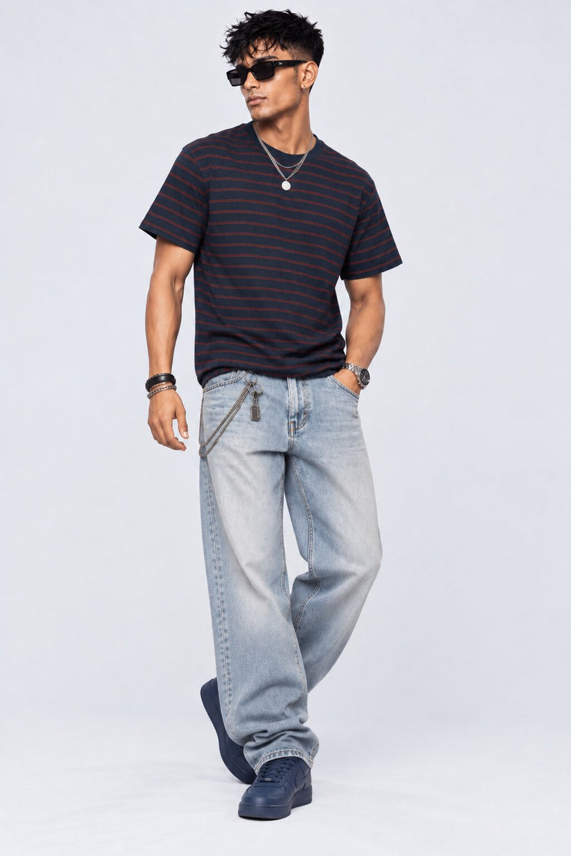 Mens Navy Micro Striped Crew Neck T-Shirt - Image 6