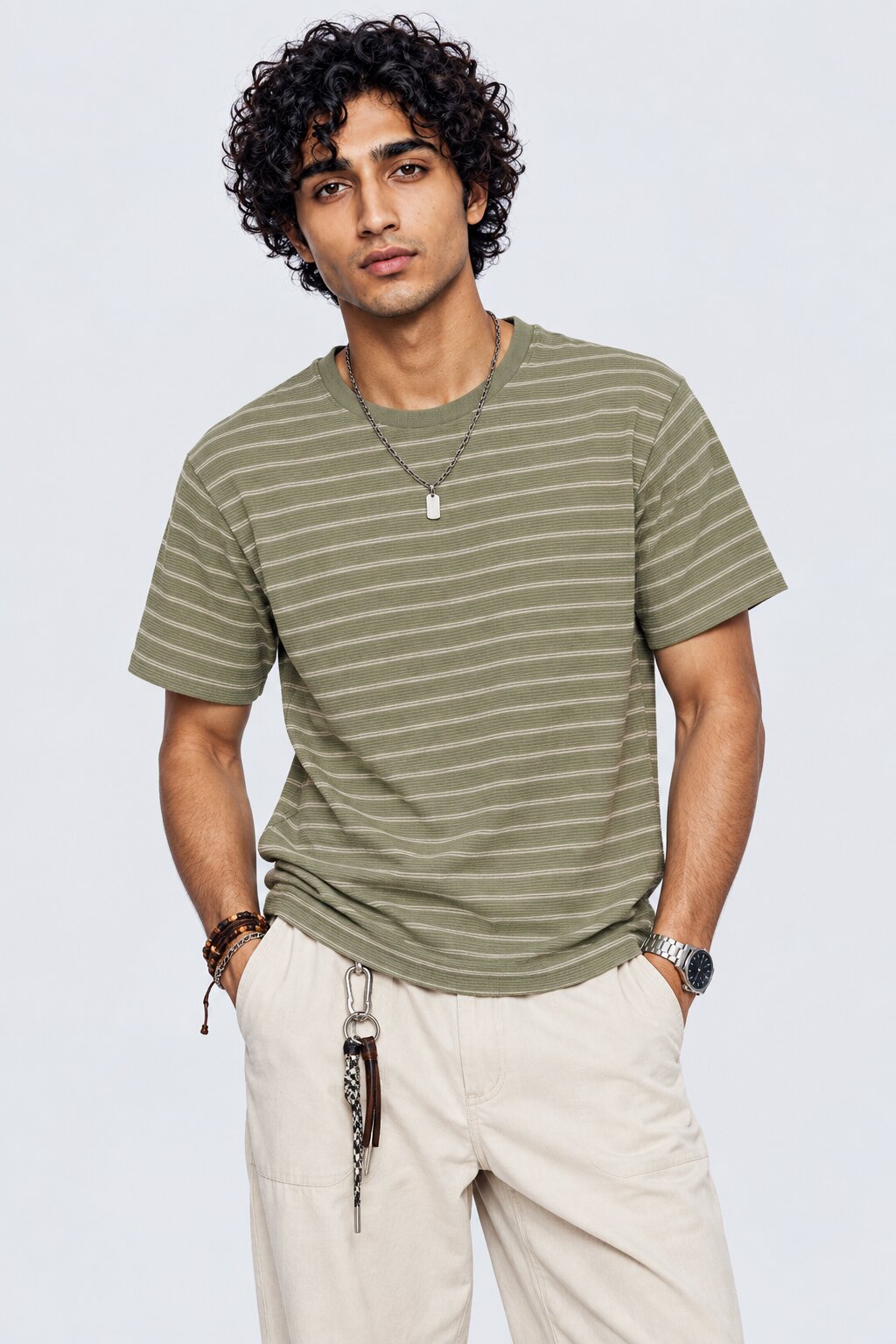 Mens Green Micro Striped Crew Neck T-Shirt - Image 2