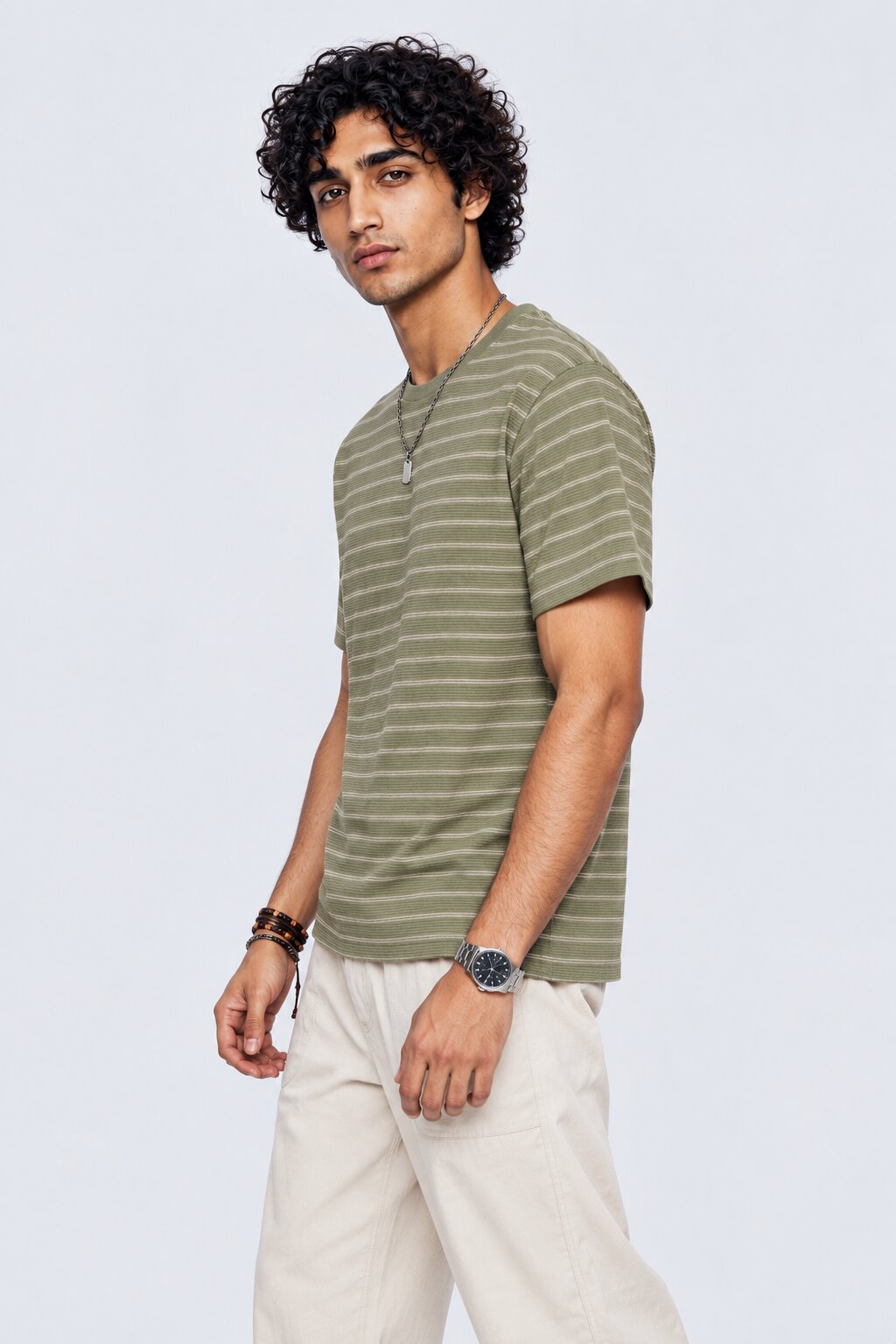 Mens Green Micro Striped Crew Neck T-Shirt - Image 4