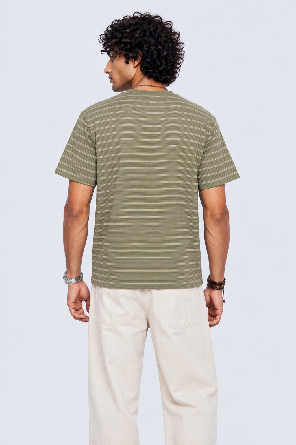 Mens Green Micro Striped Crew Neck T-Shirt - Image 5