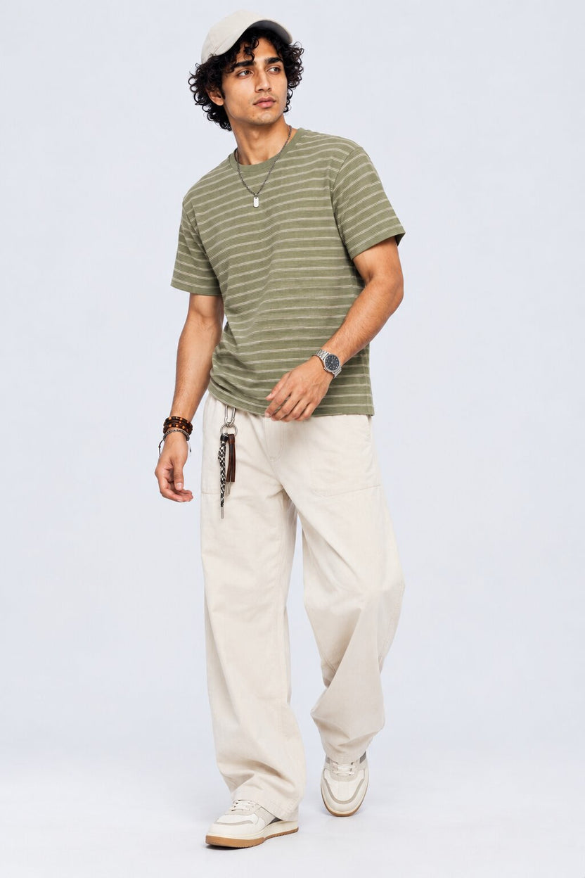 Mens Green Micro Striped Crew Neck T-Shirt - Image 6