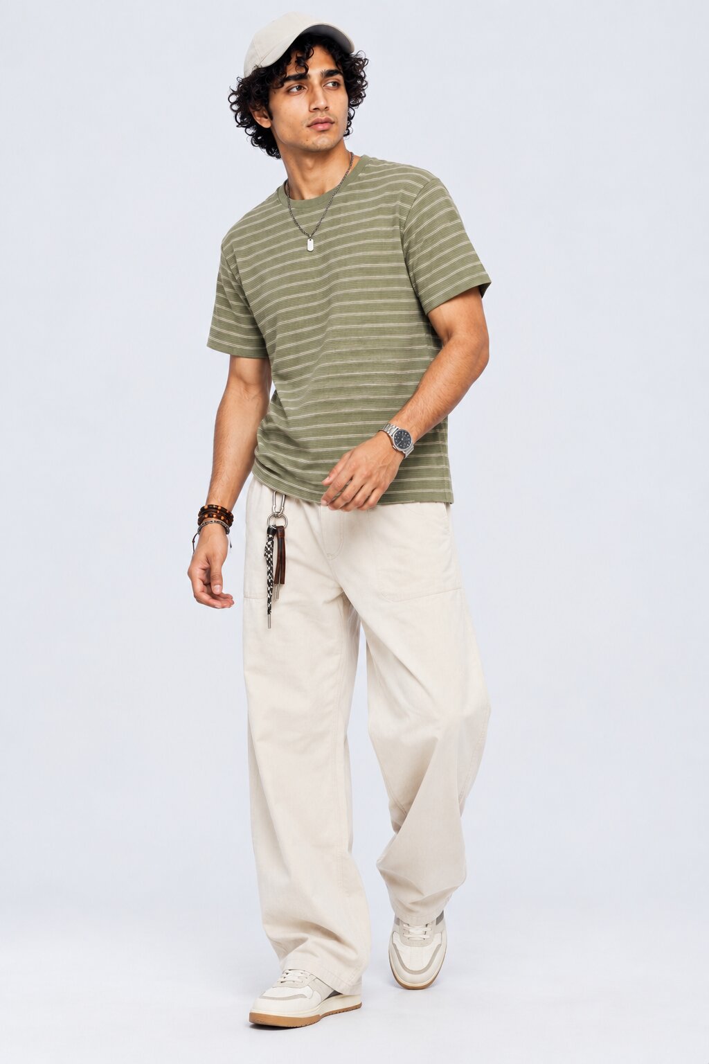 Mens Green Micro Striped Crew Neck T-Shirt - Image 6
