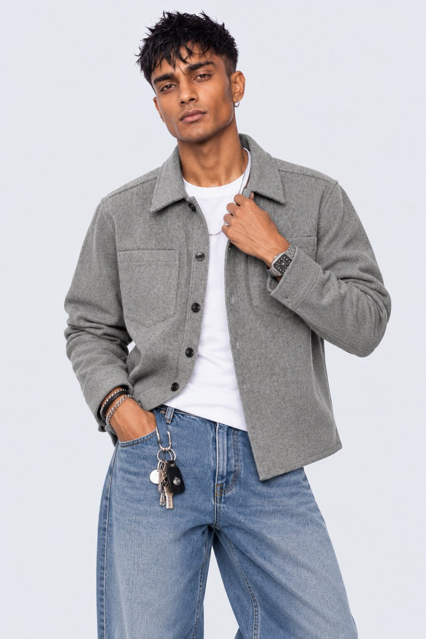 Mens Grey Textured Button Front Overshirt Shaket - Image 1