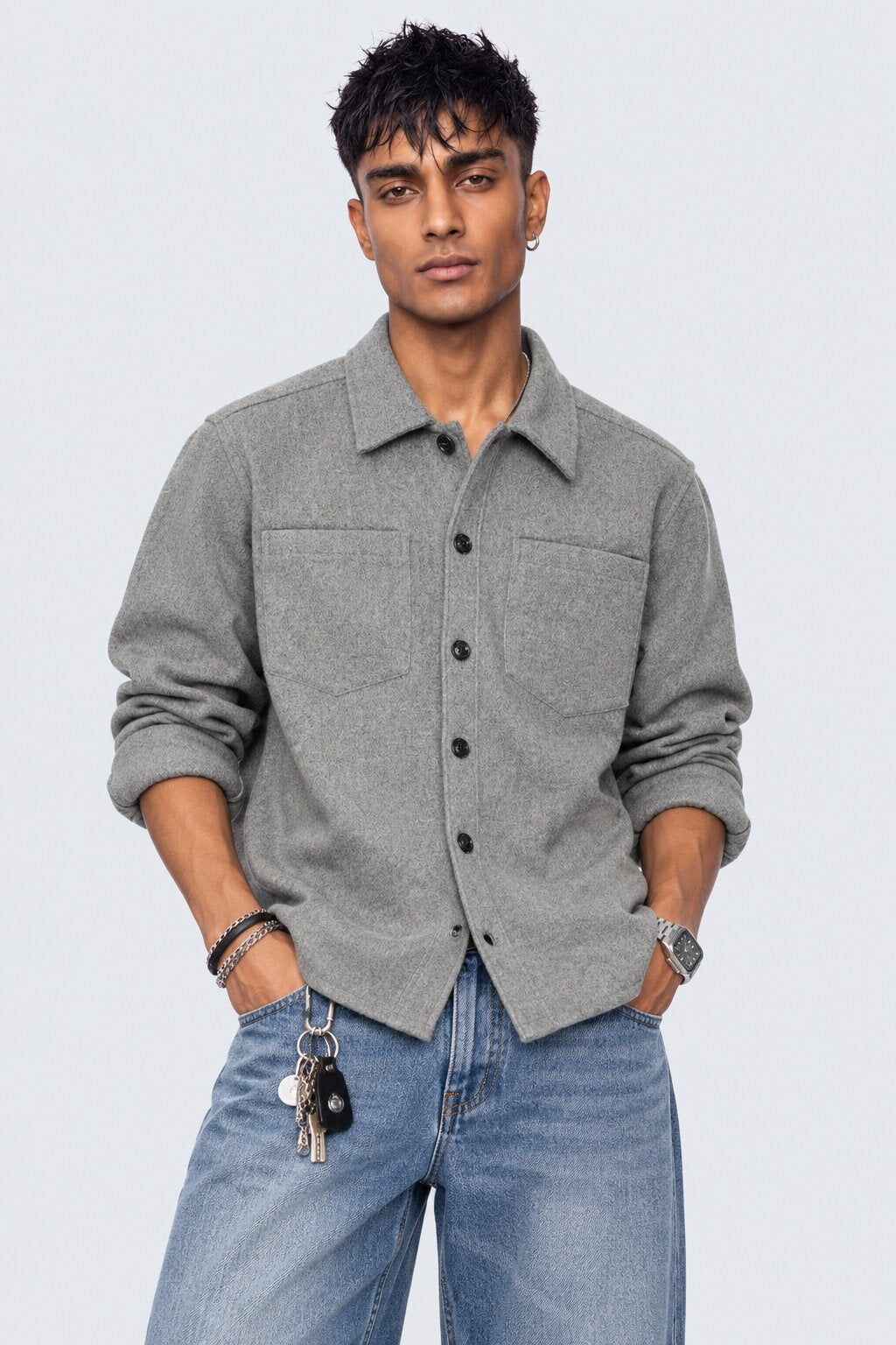 Mens Grey Textured Button Front Overshirt Shaket - Image 2