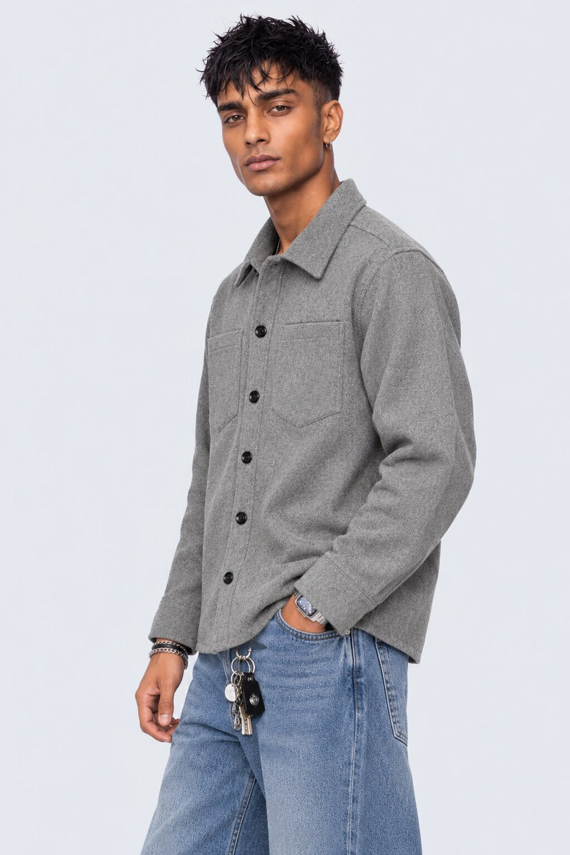 Mens Grey Textured Button Front Overshirt Shaket - Image 4