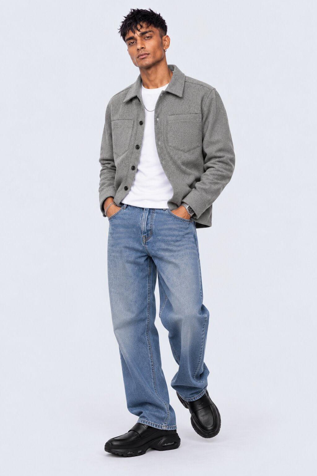 Mens Grey Textured Button Front Overshirt Shaket - Image 6