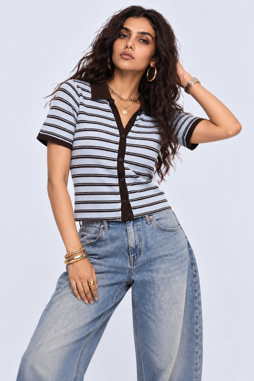 Womens Blue Striped Ribbed Polo Cardigan Top - Image 2