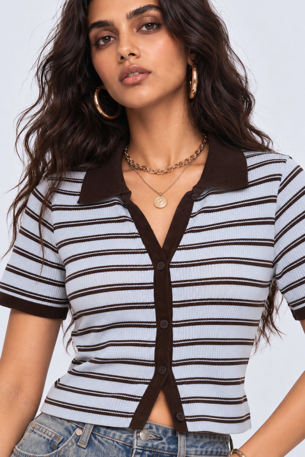 Womens Blue Striped Ribbed Polo Cardigan Top - Image 3
