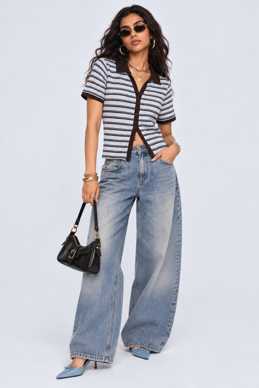 Womens Blue Striped Ribbed Polo Cardigan Top - Image 6