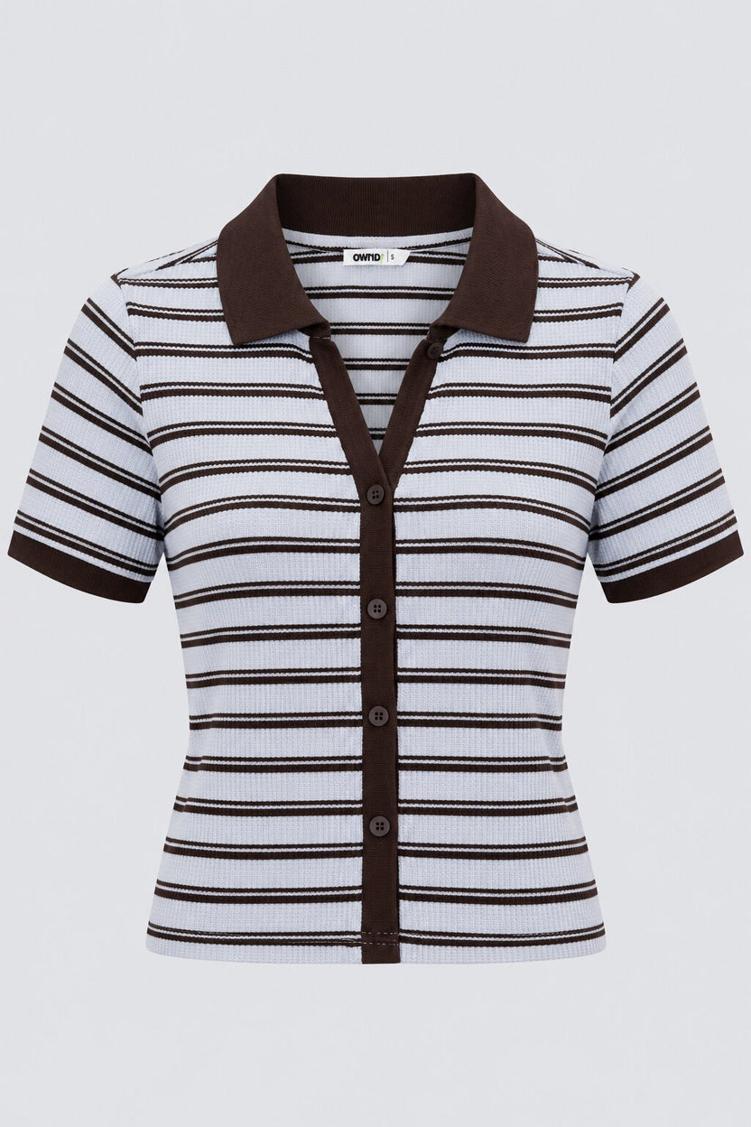 Womens Blue Striped Ribbed Polo Cardigan Top - Image 7