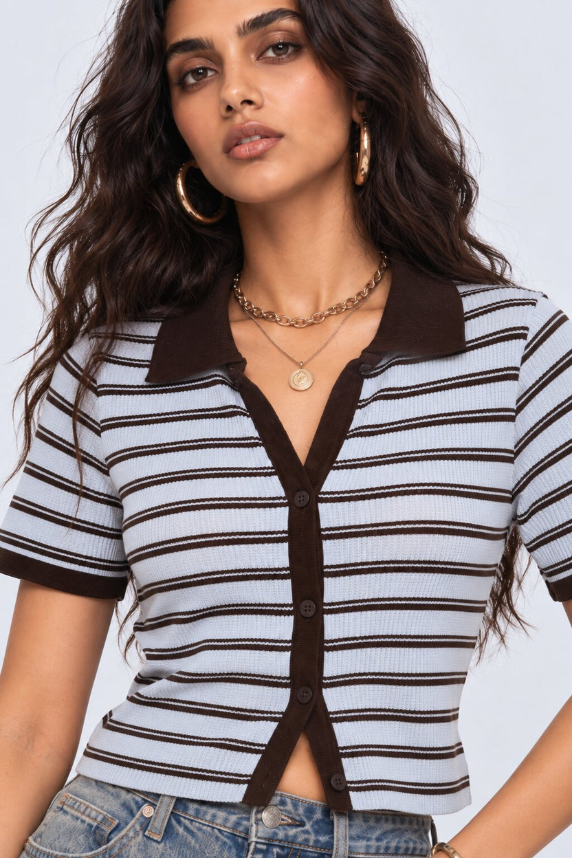 Womens Blue Striped Ribbed Polo Cardigan Top - Image 9