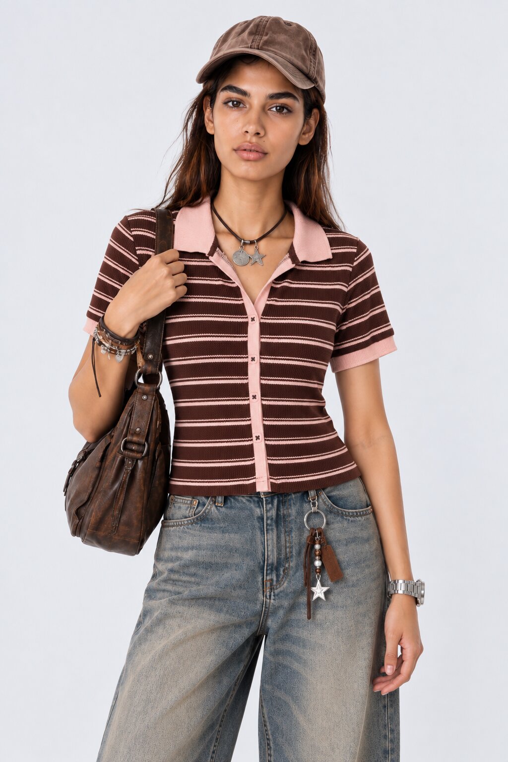Womens Brown Striped Ribbed Polo Cardigan Top - Image 1