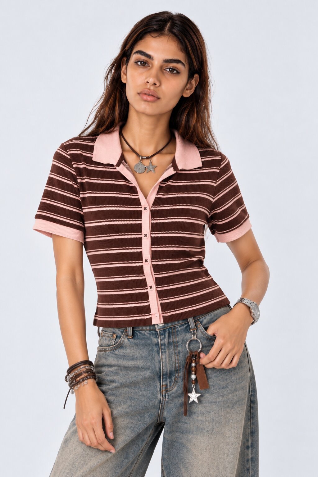 Womens Brown Striped Ribbed Polo Cardigan Top - Image 2
