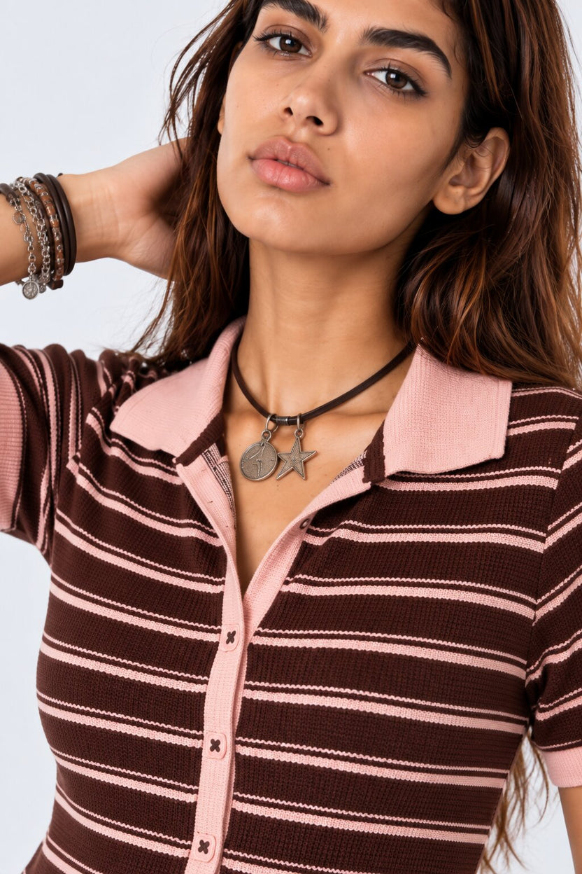Womens Brown Striped Ribbed Polo Cardigan Top - Image 3