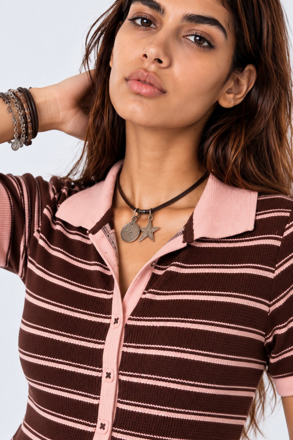 Womens Brown Striped Ribbed Polo Cardigan Top - Image 3