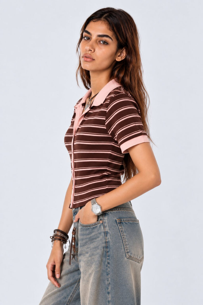 Womens Brown Striped Ribbed Polo Cardigan Top - Image 4