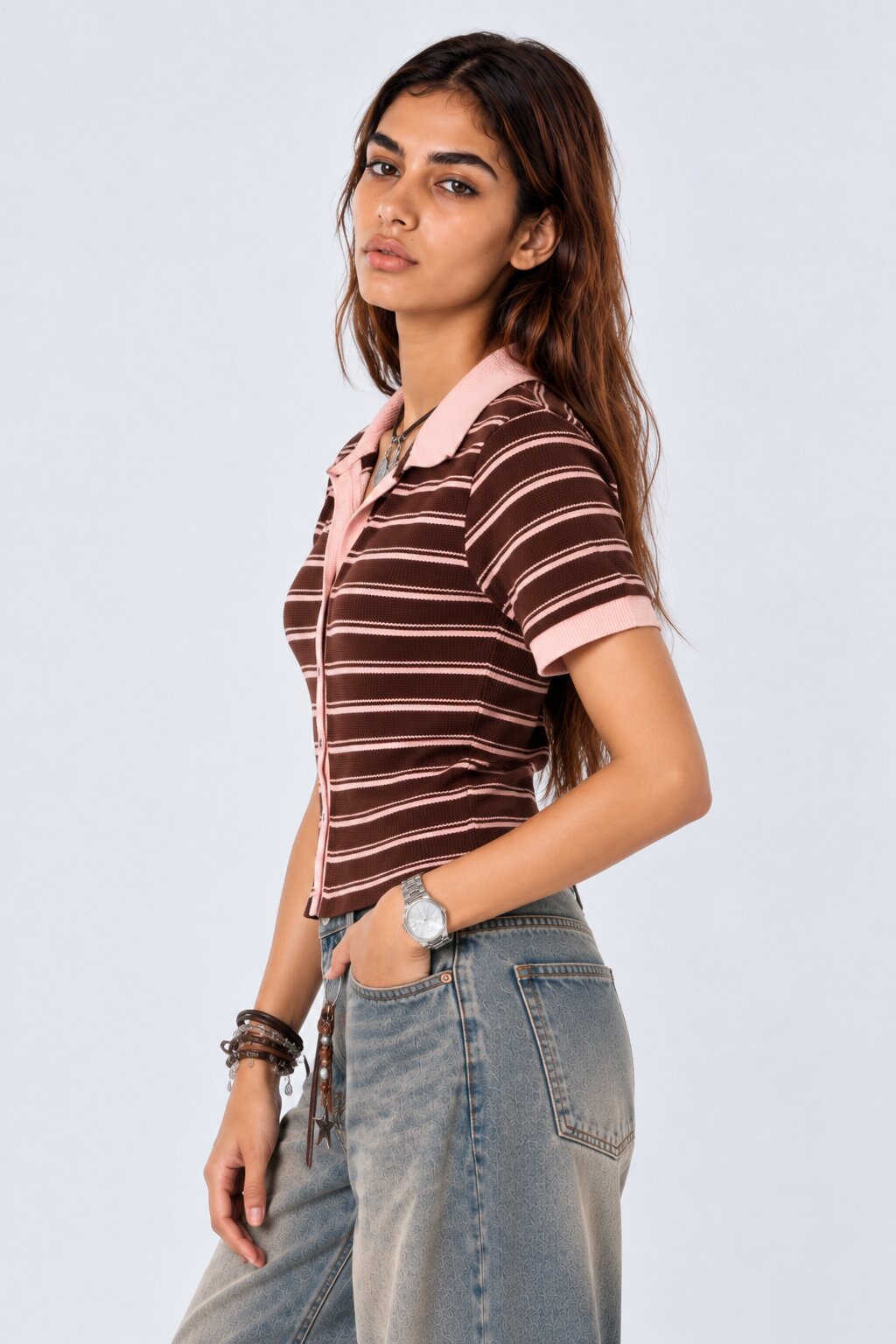Womens Brown Striped Ribbed Polo Cardigan Top - Image 4