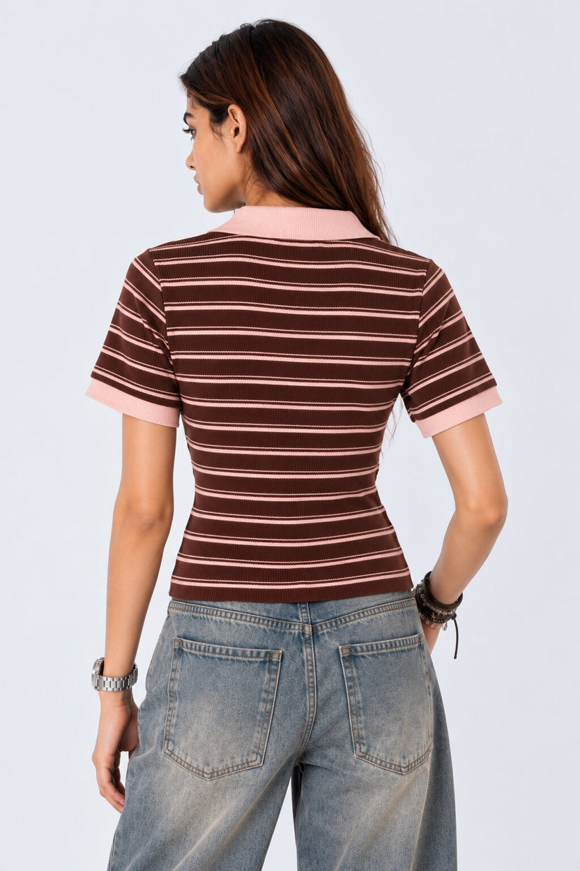 Womens Brown Striped Ribbed Polo Cardigan Top - Image 5