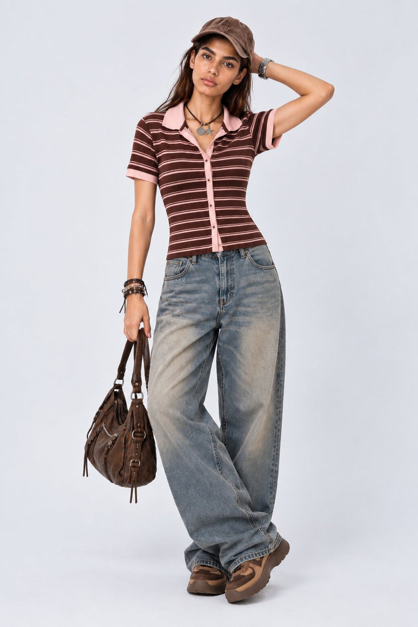 Womens Brown Striped Ribbed Polo Cardigan Top - Image 6
