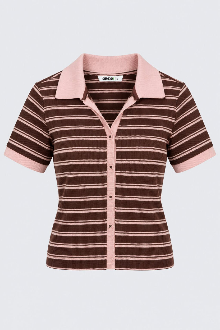 Womens Brown Striped Ribbed Polo Cardigan Top - Image 7