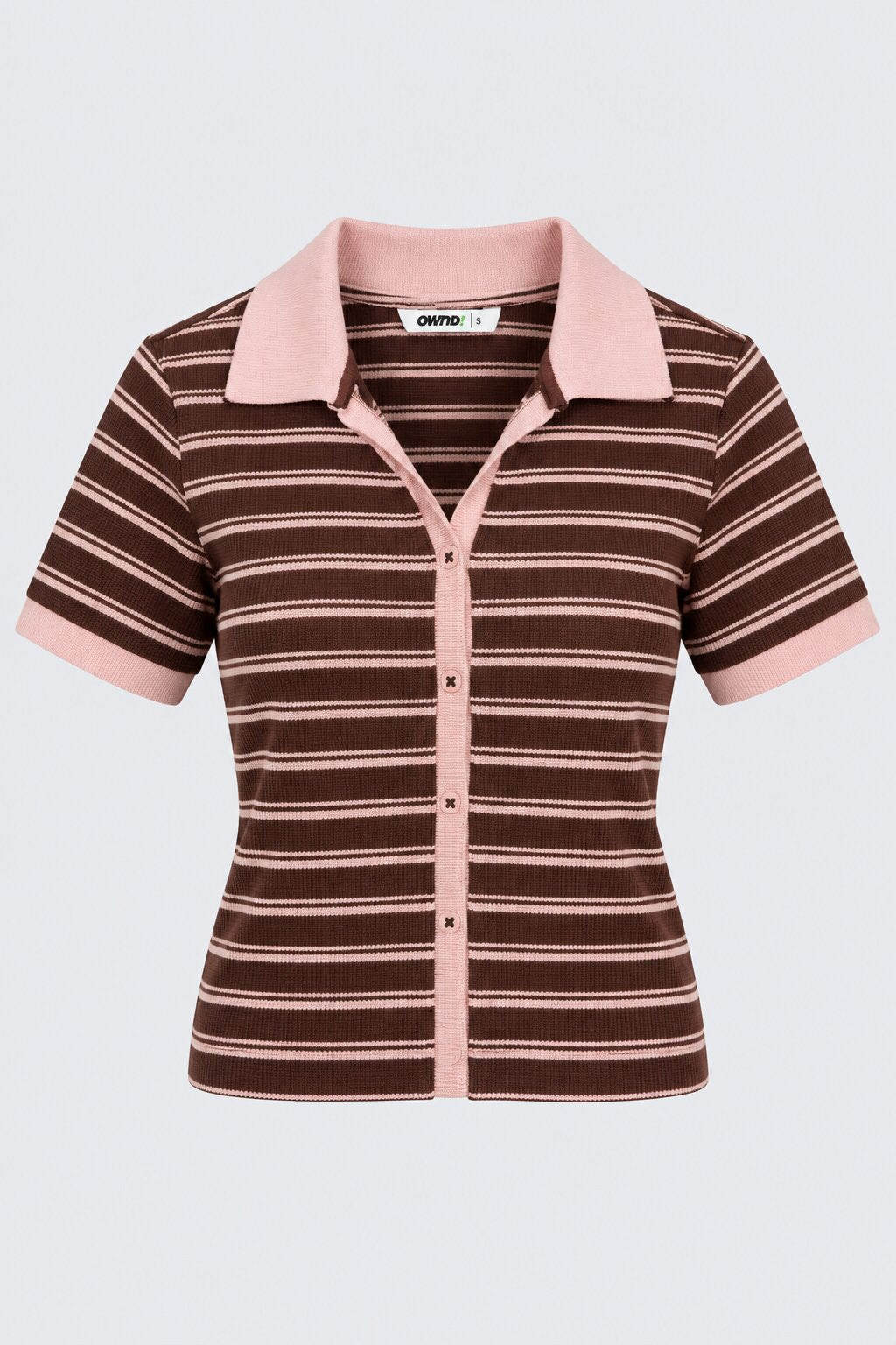 Womens Brown Striped Ribbed Polo Cardigan Top - Image 7