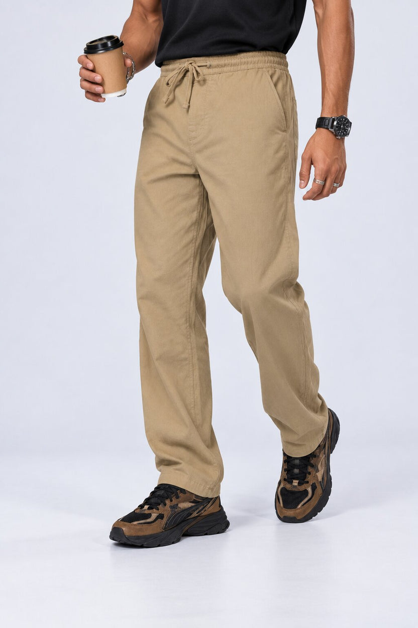 Mens Beige Relaxed Fit Drawstring Relaxed Fit Trouser - Image 1