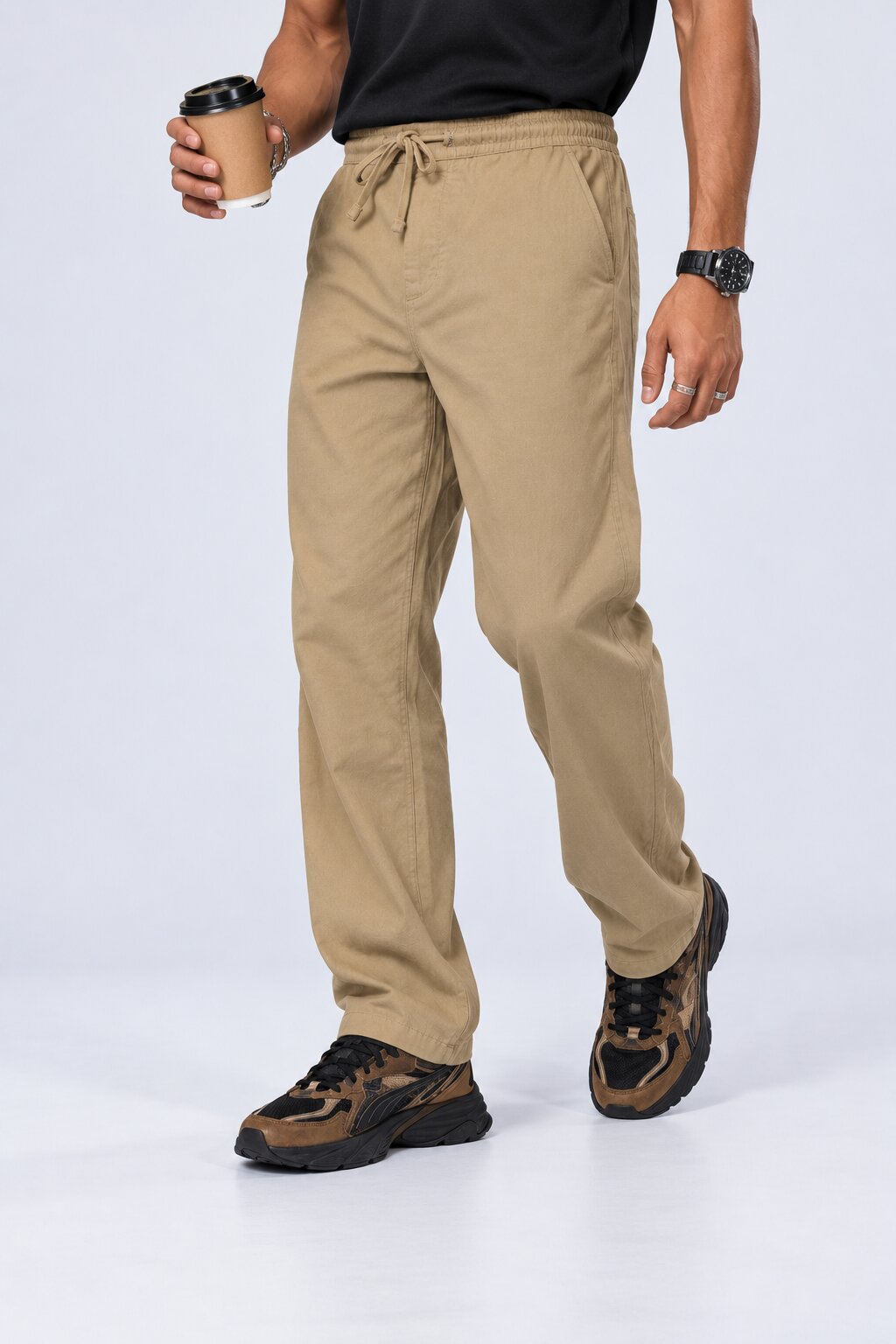 Mens Beige Relaxed Fit Drawstring Relaxed Fit Trouser - Image 1