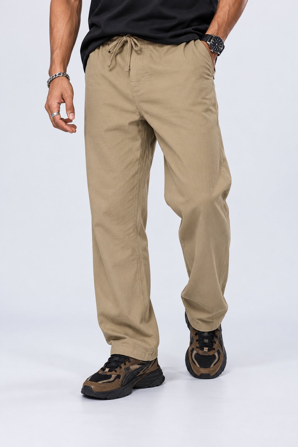 Mens Beige Relaxed Fit Drawstring Relaxed Fit Trouser - Image 2