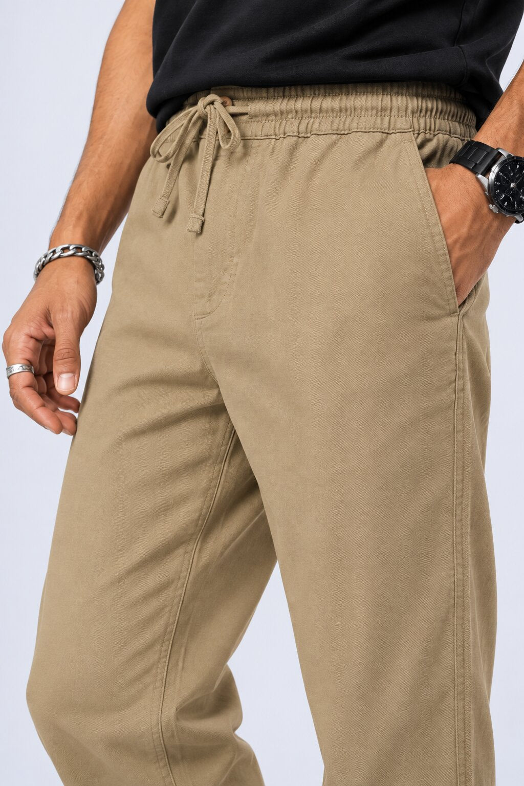 Mens Beige Relaxed Fit Drawstring Relaxed Fit Trouser - Image 3
