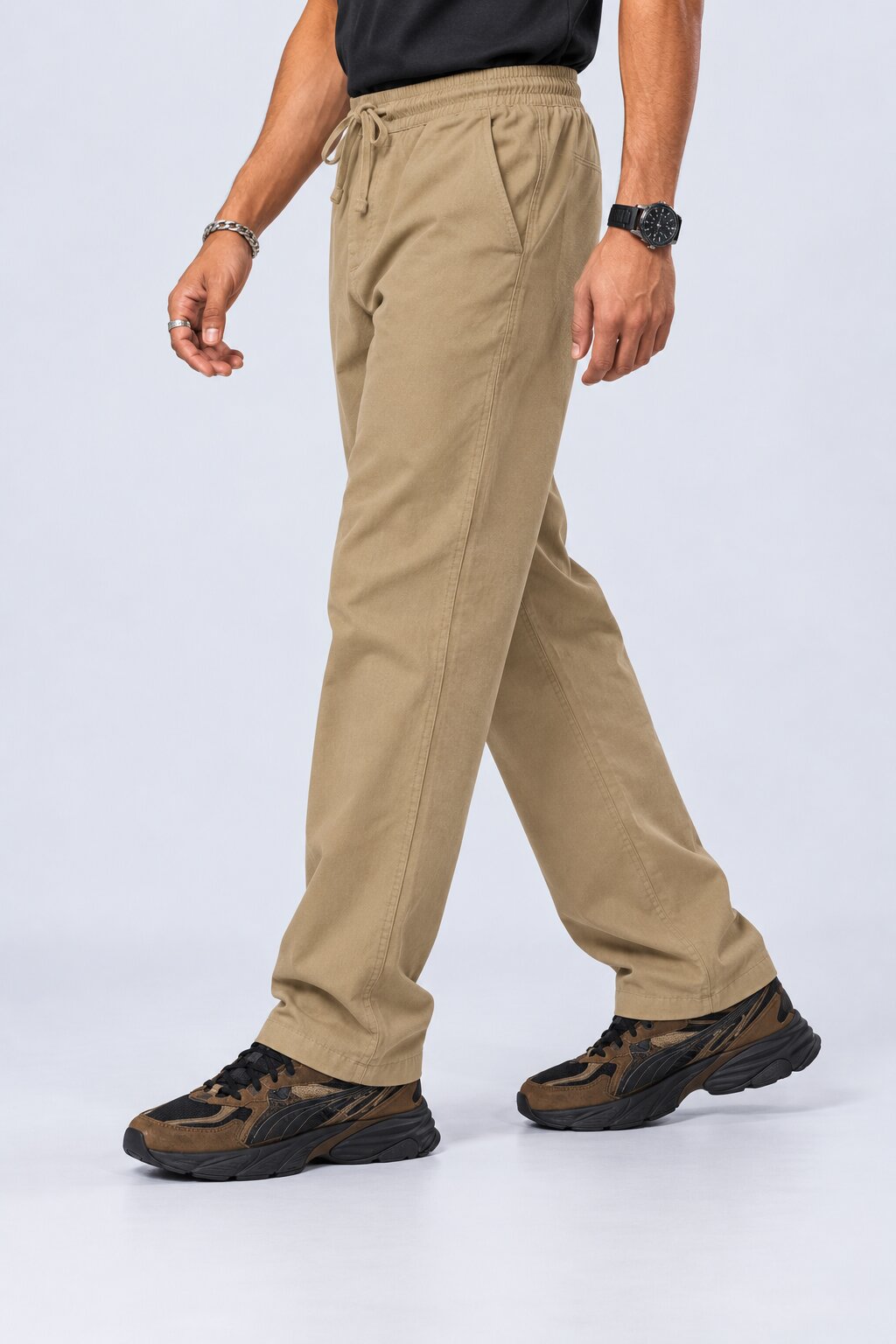 Mens Beige Relaxed Fit Drawstring Relaxed Fit Trouser - Image 4