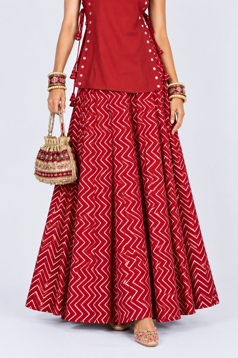 Red Gold Foil Print Roman Festive Skirt - Image 1