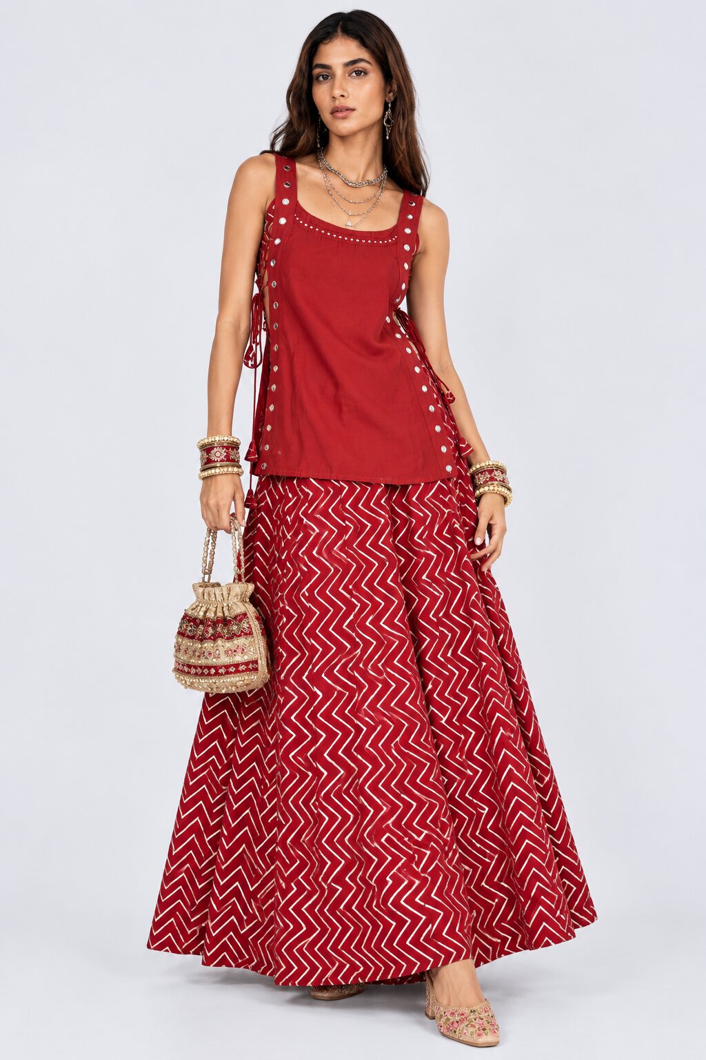Red Gold Foil Print Roman Festive Skirt - Image 6