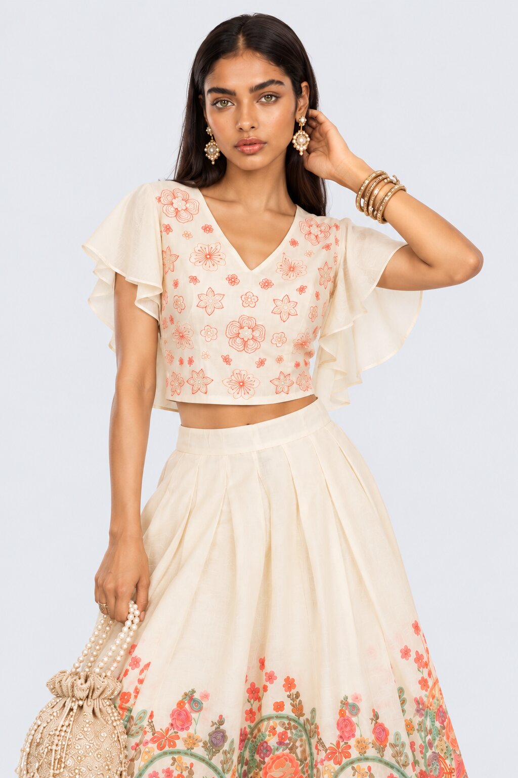 Off White Embroidered  Chanderi Festive Top - Image 1