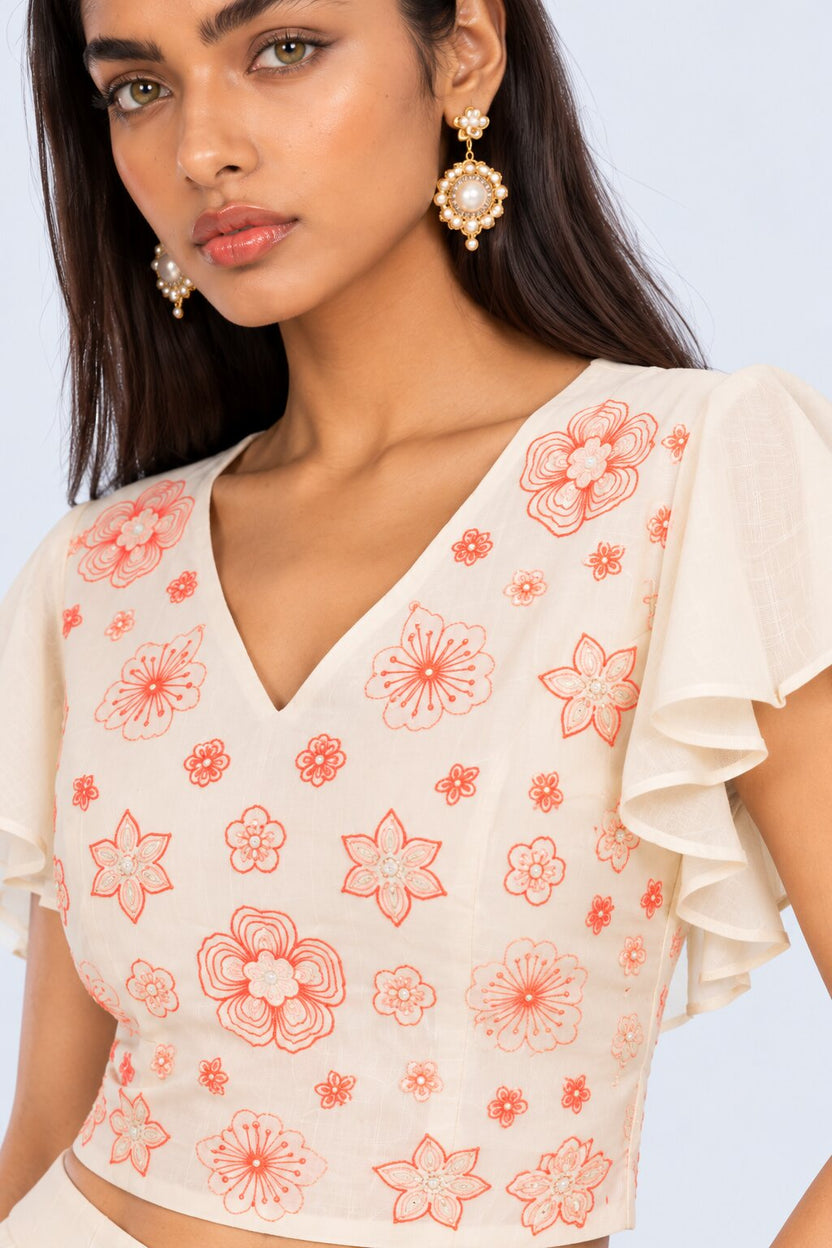 Off White Embroidered  Chanderi Festive Top - Image 3