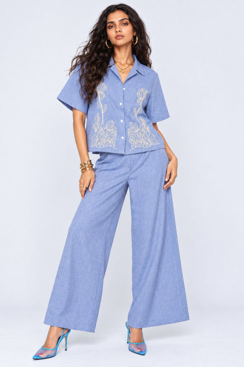Blue Embroidered Chambray  Co-ord Set - Image 2