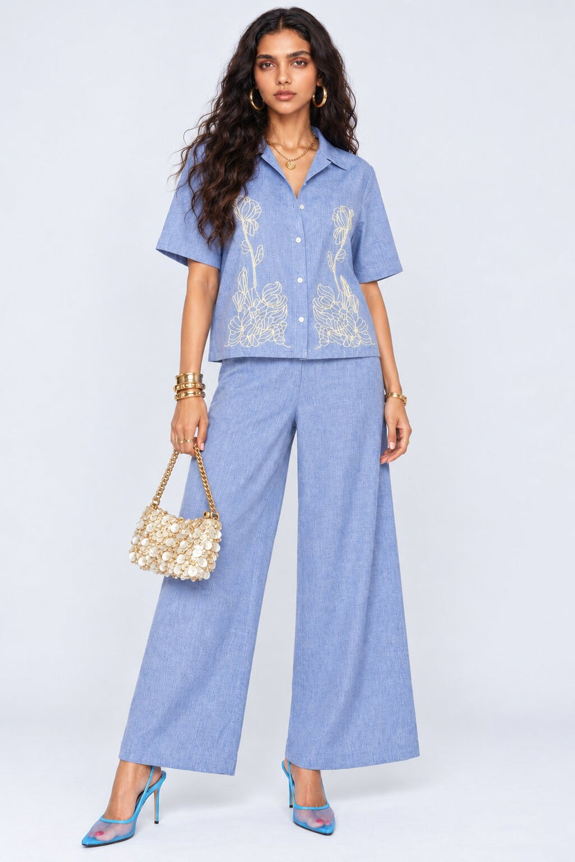 Blue Embroidered Chambray  Co-ord Set - Image 6