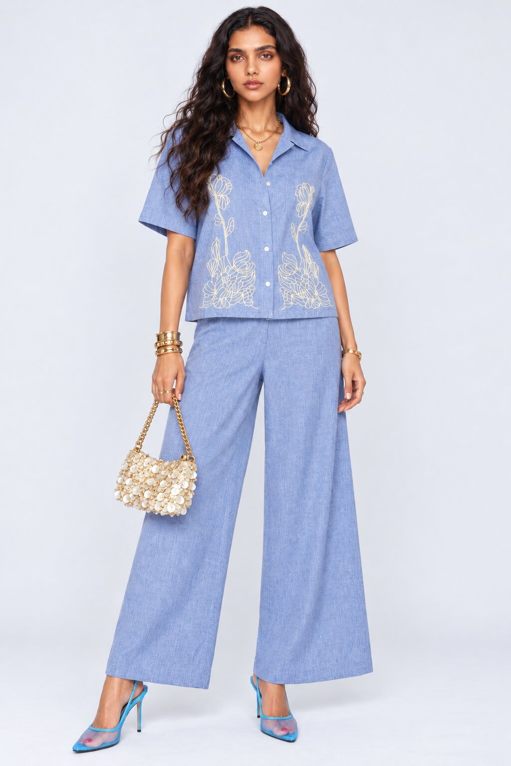Blue Embroidered Chambray  Co-ord Set - Image 6