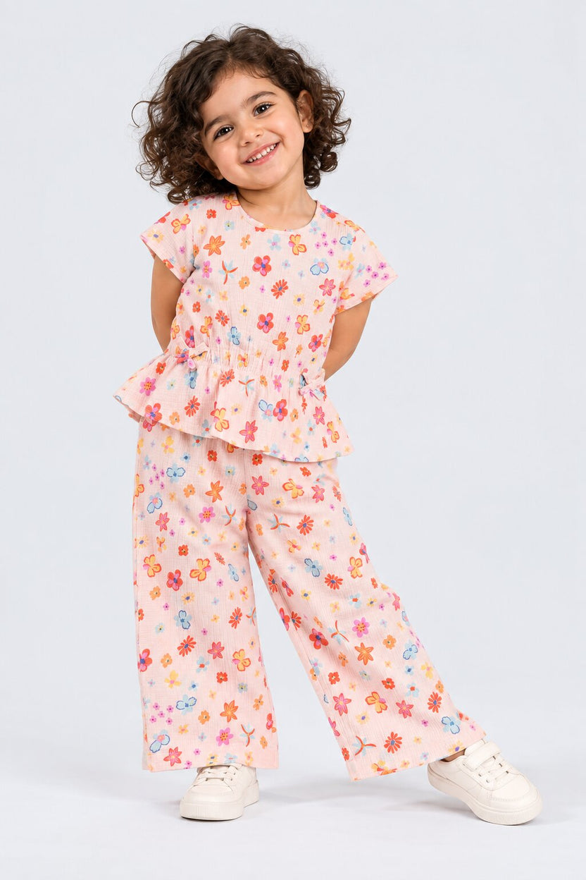Peach Floral Poly Crinkle Girls Co-ord Set - Image 1