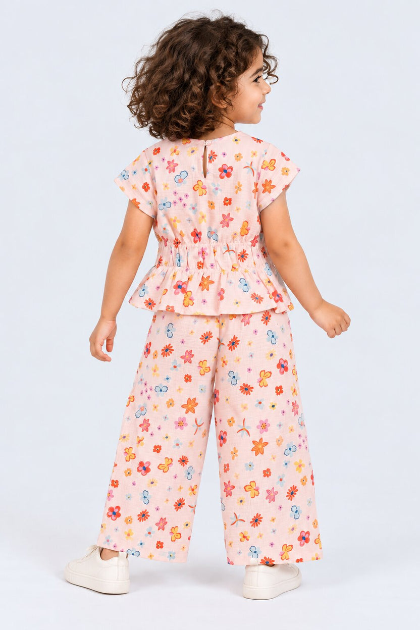 Peach Floral Poly Crinkle Girls Co-ord Set - Image 3